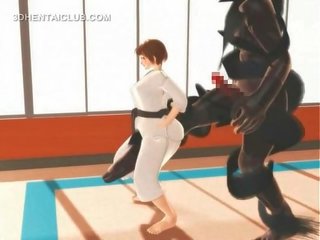 Hentai karate trẻ người phụ nữ nôn trên một lớn manhood trong 3d